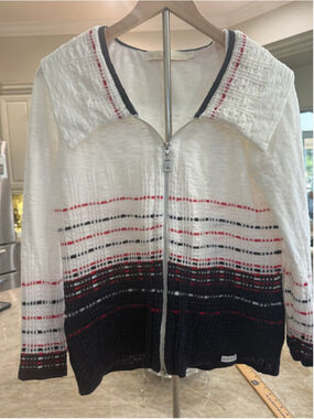 Blue Willi's Cardigan Sweater White Black Red Zip Up, enlarged collar LIFE